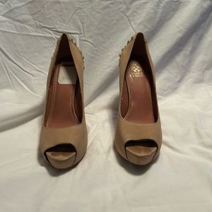 Vintage, used, tan, suede, high heel, open toe, with gold embellishments.